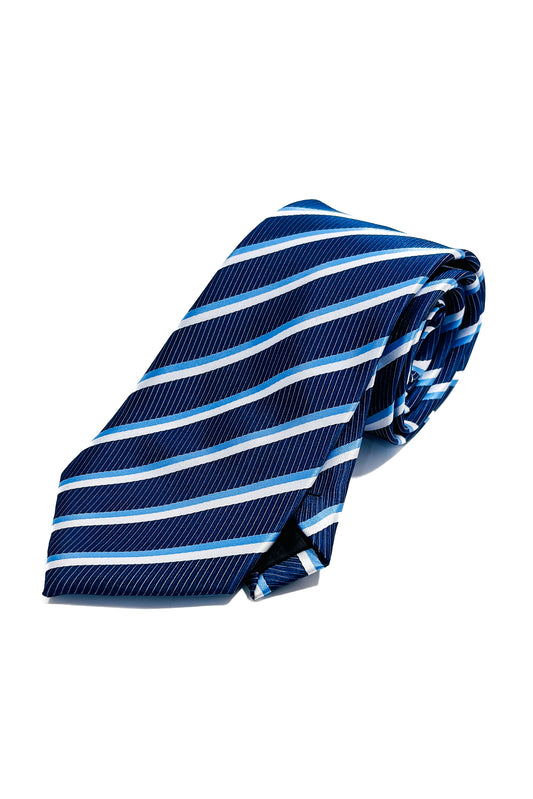 Navy blue, light blue & white striped 8cm tie.