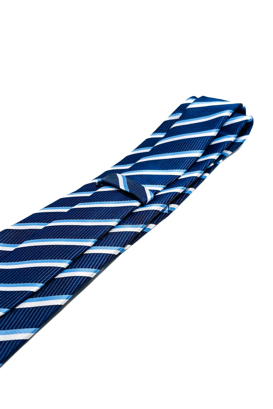 Navy blue, light blue & white striped 8cm tie.